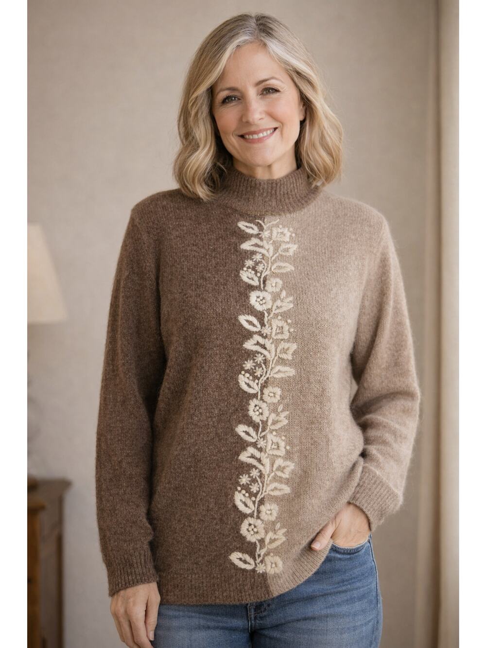 Segue Vintage Silk Angora Mock Neck Sweater Womens Small Beige Brown Lambswool